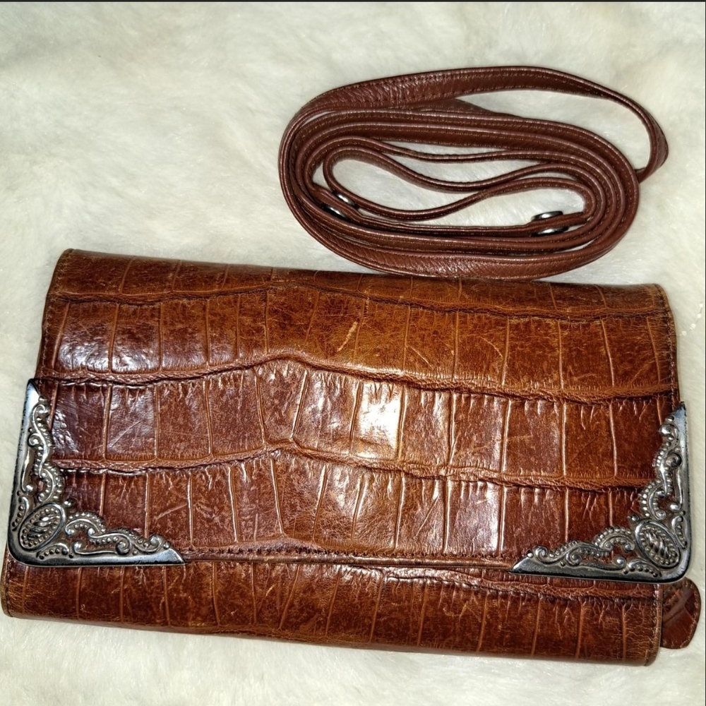 Brown Crocodile Embossed Leather Clutch